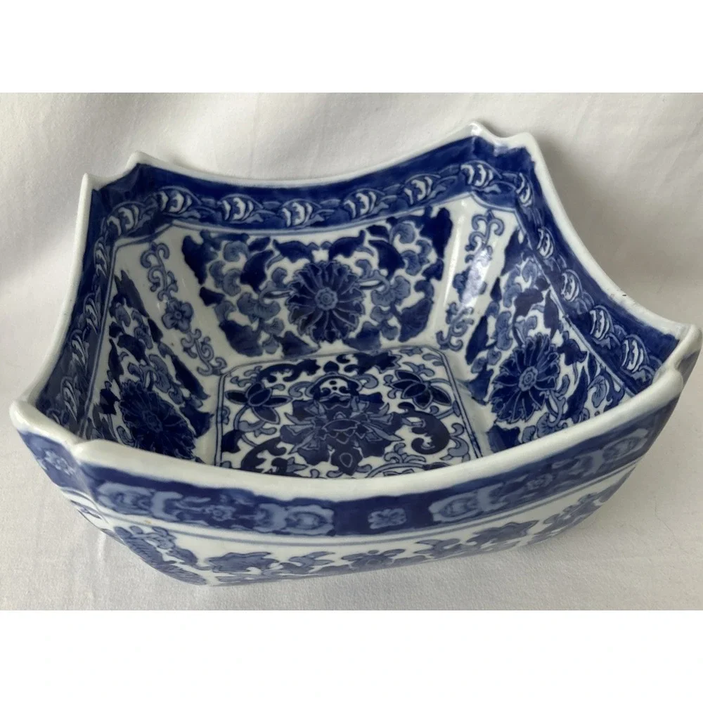 Chinese White and Blue SQUARE BOWL with Split Corners Large 8 3/4 Inch Heavy